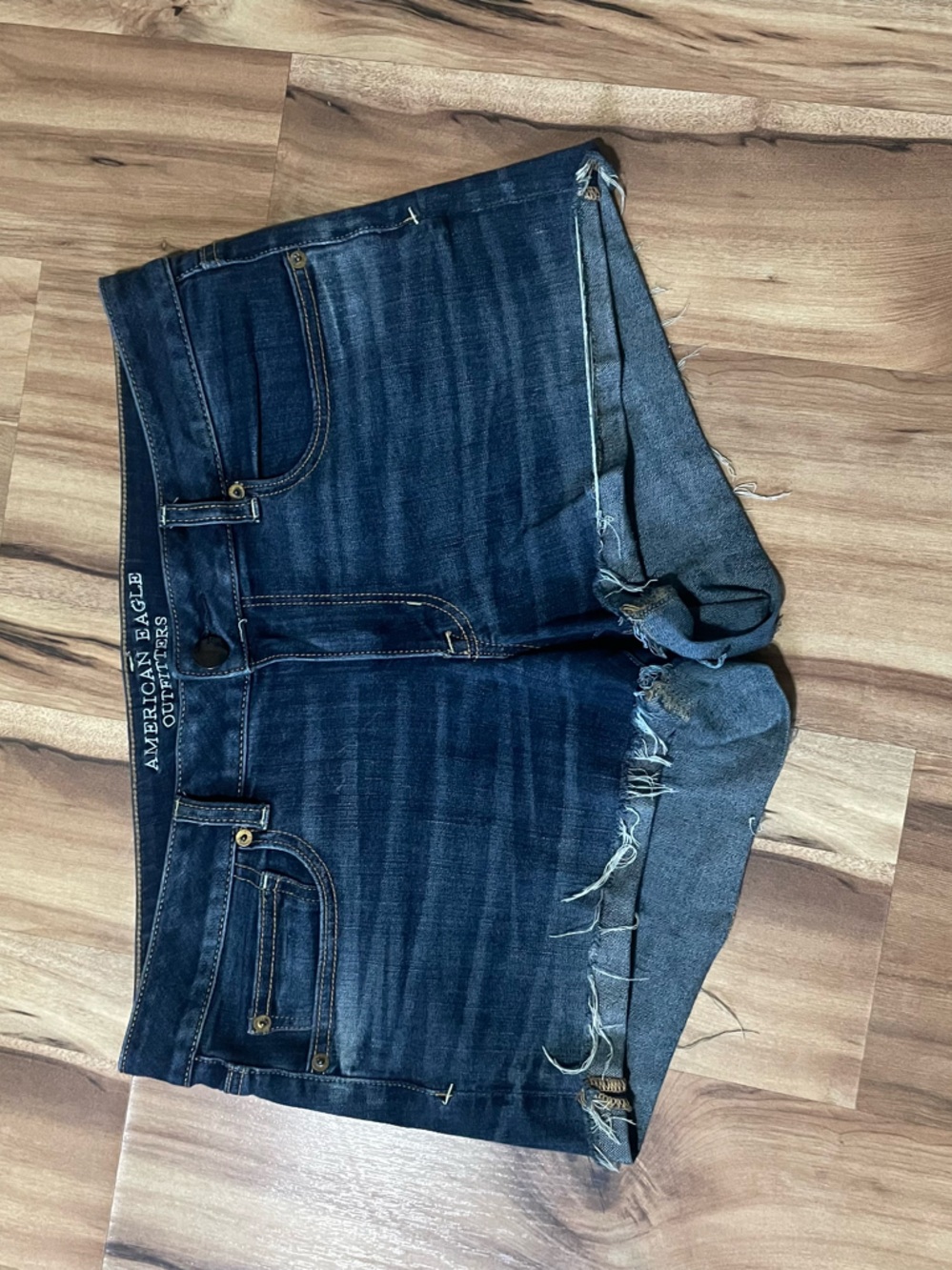 AE Dark Wash Raw Hem Hi-Rise Shortie Denim Shorts Size 12